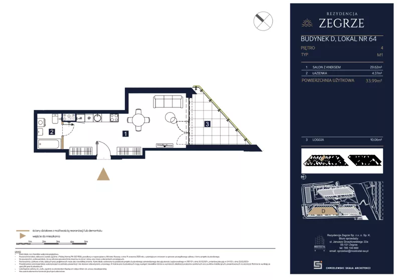 1 pokój, mieszkanie 33,99 m², piętro 4, oferta nr D64, Rezydencja Zegrze III, Zegrze, ul. Groszkowskiego 22A
