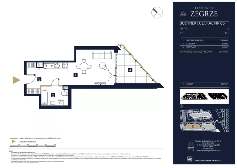 1 pokój, mieszkanie 36,19 m², piętro 4, oferta nr D66, Rezydencja Zegrze III, Zegrze, ul. Groszkowskiego 22A