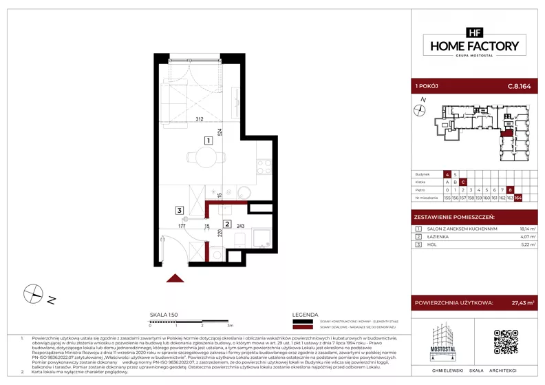 1 pokój, mieszkanie 27,43 m², piętro 8, oferta nr C.8.164, Home Factory etap IV, Warszawa, Praga Północ, Pelcowizna, ul. Kotsisa