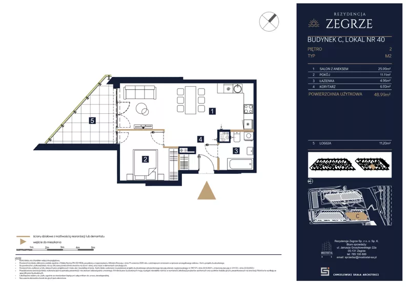 2 pokoje, mieszkanie 48,99 m², piętro 2, oferta nr C40, Rezydencja Zegrze III, Zegrze, ul. Groszkowskiego 22A