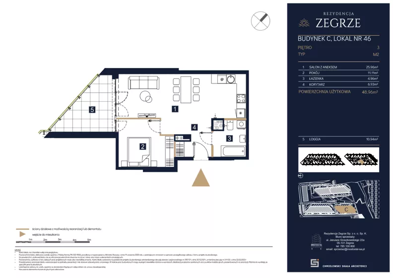 2 pokoje, mieszkanie 48,96 m², piętro 3, oferta nr C46, Rezydencja Zegrze III, Zegrze, ul. Groszkowskiego 22A