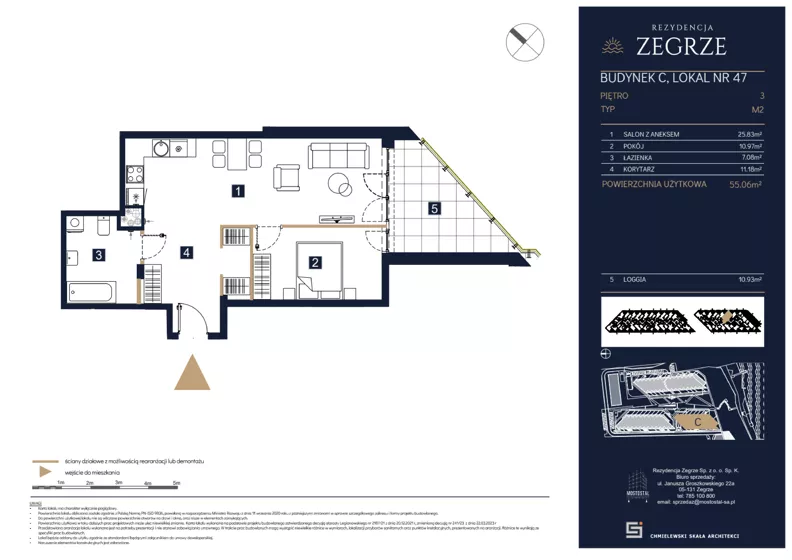 2 pokoje, mieszkanie 55,06 m², piętro 3, oferta nr C47, Rezydencja Zegrze III, Zegrze, ul. Groszkowskiego 22A