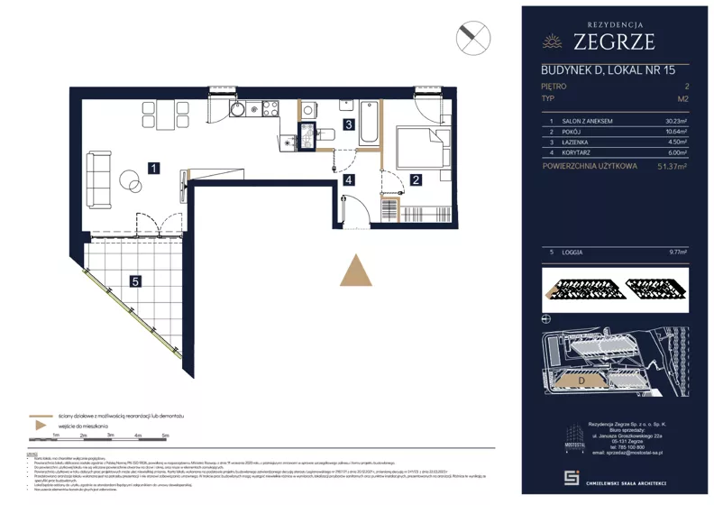 2 pokoje, mieszkanie 51,37 m², piętro 2, oferta nr D15, Rezydencja Zegrze III, Zegrze, ul. Groszkowskiego 22A