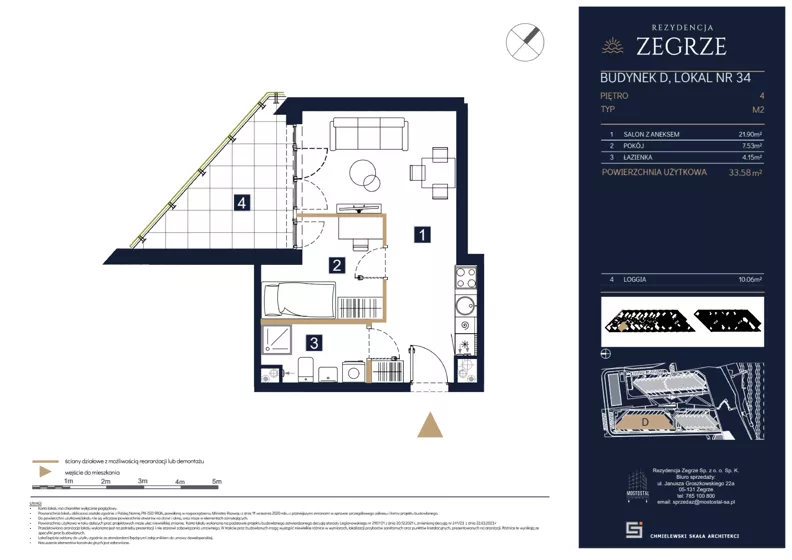 2 pokoje, mieszkanie 33,58 m², piętro 4, oferta nr D34, Rezydencja Zegrze III, Zegrze, ul. Groszkowskiego 22A