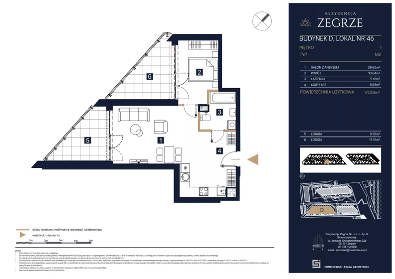 2 pokoje, mieszkanie 51,08 m², piętro 1, oferta nr D46, Rezydencja Zegrze III, Zegrze, ul. Groszkowskiego 22A