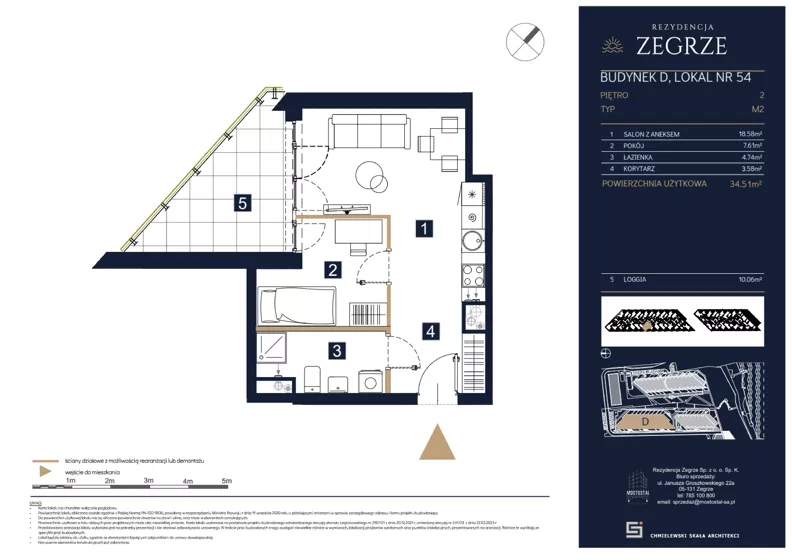 2 pokoje, mieszkanie 34,51 m², piętro 2, oferta nr D54, Rezydencja Zegrze III, Zegrze, ul. Groszkowskiego 22A