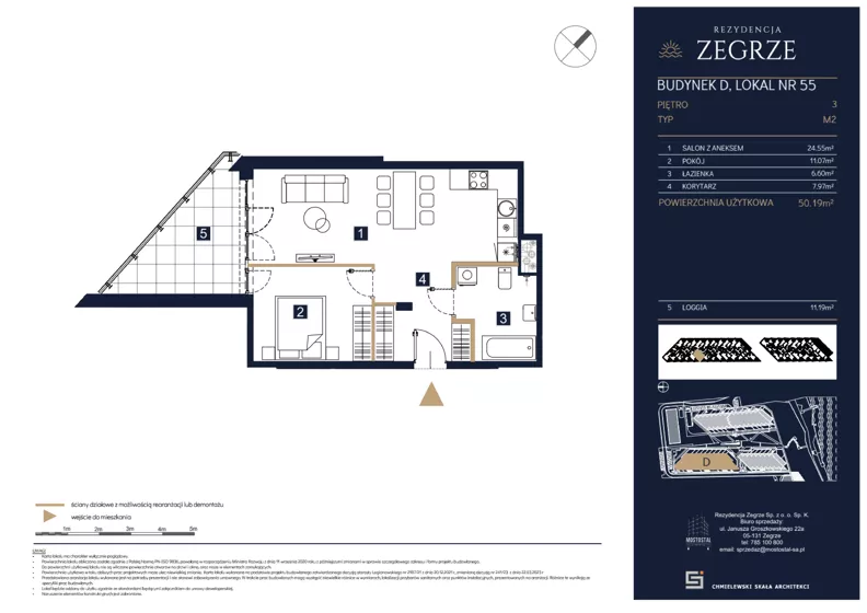 2 pokoje, mieszkanie 50,19 m², piętro 3, oferta nr D55, Rezydencja Zegrze III, Zegrze, ul. Groszkowskiego 22A