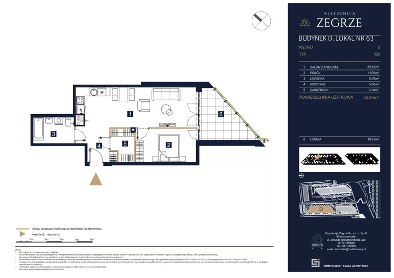2 pokoje, mieszkanie 52,24 m², piętro 4, oferta nr D63, Rezydencja Zegrze III, Zegrze, ul. Groszkowskiego 22A