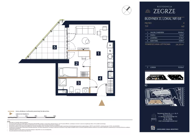 2 pokoje, mieszkanie 34,39 m², piętro 4, oferta nr D68, Rezydencja Zegrze III, Zegrze, ul. Groszkowskiego 22A