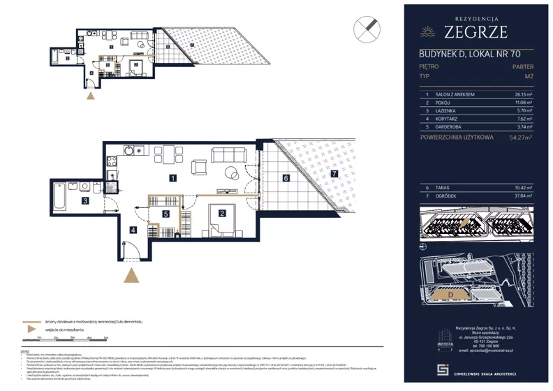 2 pokoje, mieszkanie 54,27 m², parter, oferta nr D70, Rezydencja Zegrze III, Zegrze, ul. Groszkowskiego 22A