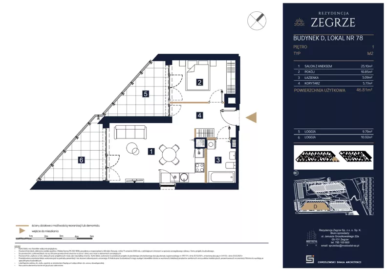 2 pokoje, mieszkanie 46,81 m², piętro 1, oferta nr D78, Rezydencja Zegrze III, Zegrze, ul. Groszkowskiego 22A