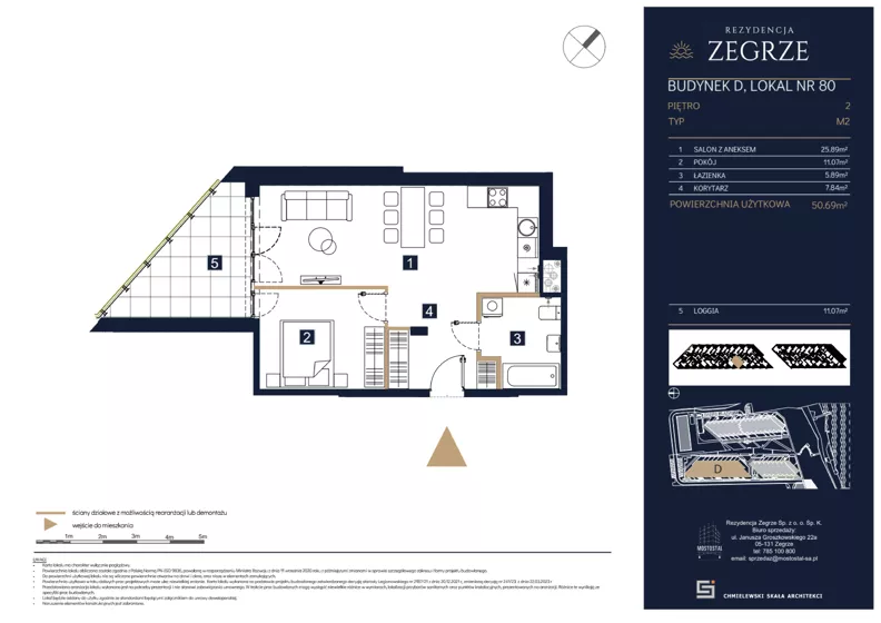 2 pokoje, mieszkanie 50,69 m², piętro 2, oferta nr D80, Rezydencja Zegrze III, Zegrze, ul. Groszkowskiego 22A