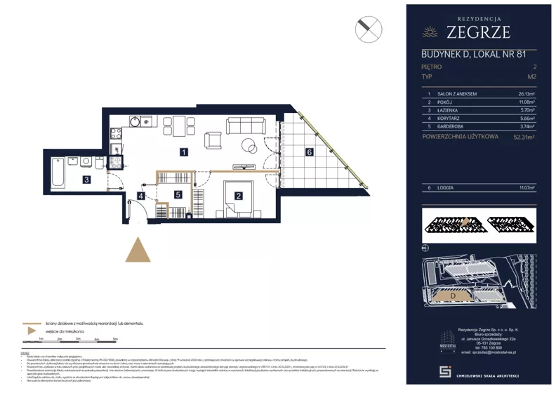 2 pokoje, mieszkanie 52,31 m², piętro 2, oferta nr D81, Rezydencja Zegrze III, Zegrze, ul. Groszkowskiego 22A