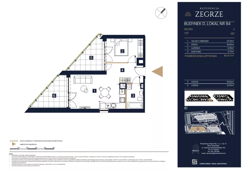 2 pokoje, mieszkanie 46,81 m², piętro 2, oferta nr D84, Rezydencja Zegrze III, Zegrze, ul. Groszkowskiego 22A