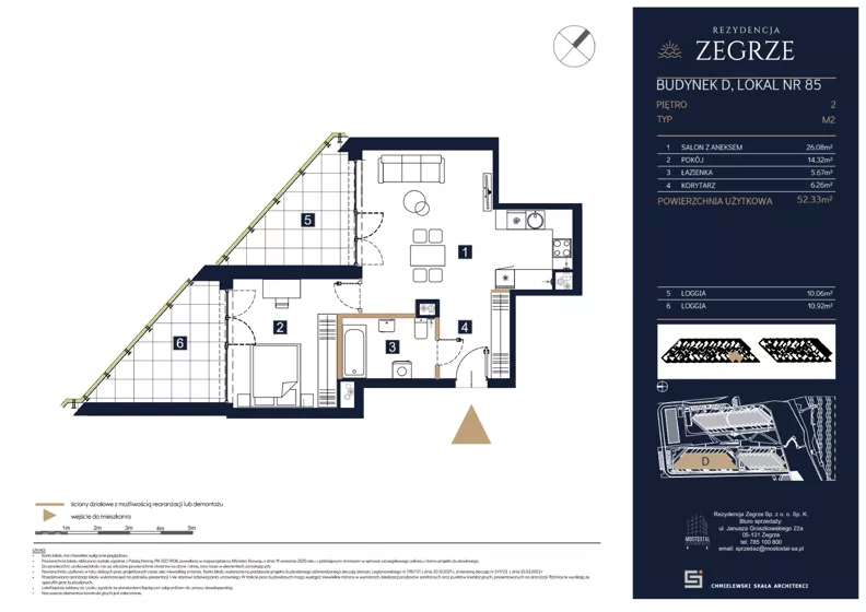 2 pokoje, mieszkanie 52,33 m², piętro 2, oferta nr D85, Rezydencja Zegrze III, Zegrze, ul. Groszkowskiego 22A