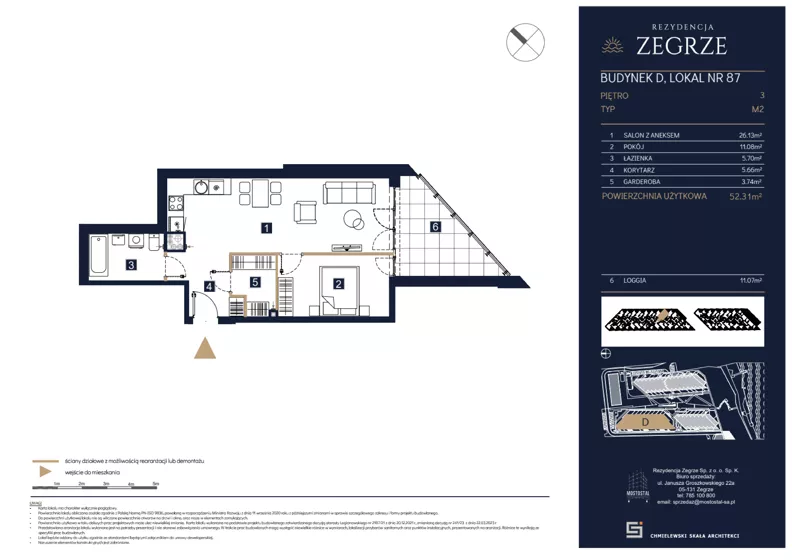 2 pokoje, mieszkanie 52,31 m², piętro 3, oferta nr D87, Rezydencja Zegrze III, Zegrze, ul. Groszkowskiego 22A