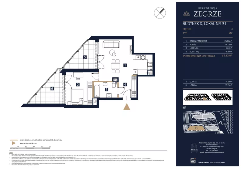 2 pokoje, mieszkanie 52,33 m², piętro 3, oferta nr D91, Rezydencja Zegrze III, Zegrze, ul. Groszkowskiego 22A