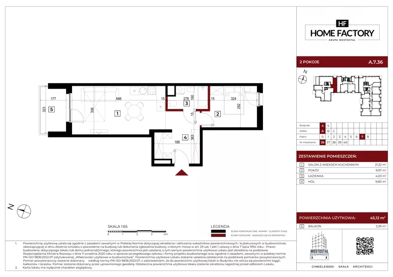 2 pokoje, mieszkanie 45,12 m², piętro 7, oferta nr A.7.36, Home Factory etap IV, Warszawa, Praga Północ, Pelcowizna, ul. Kotsisa