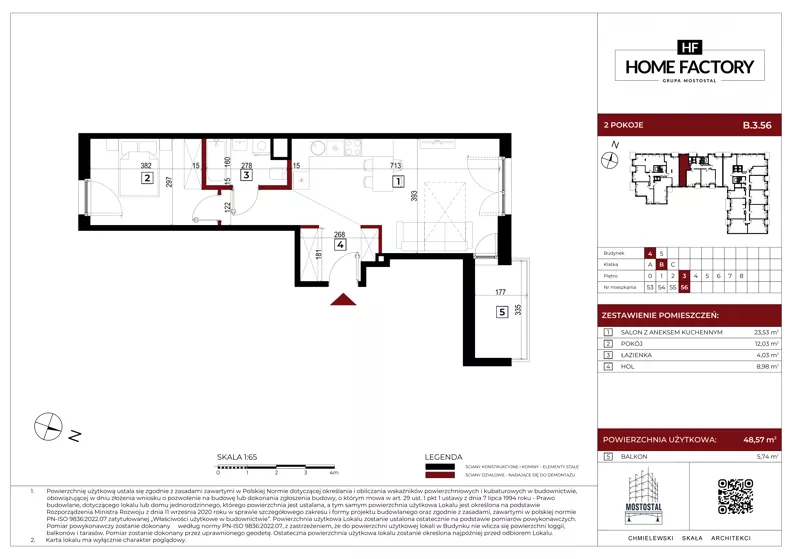 2 pokoje, mieszkanie 48,57 m², piętro 3, oferta nr B.3.56, Home Factory etap IV, Warszawa, Praga Północ, Pelcowizna, ul. Kotsisa