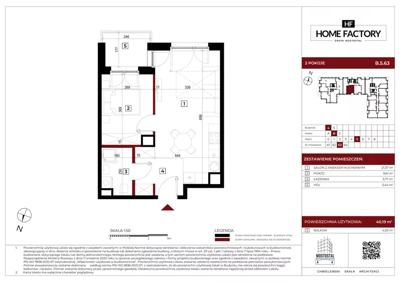2 pokoje, mieszkanie 40,19 m², piętro 5, oferta nr B.5.63, Home Factory etap IV, Warszawa, Praga Północ, Pelcowizna, ul. Kotsisa