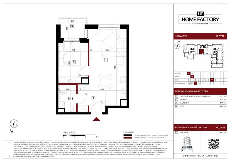 2 pokoje, mieszkanie 40,19 m², piętro 7, oferta nr B.7.71, Home Factory etap IV, Warszawa, Praga Północ, Pelcowizna, ul. Kotsisa