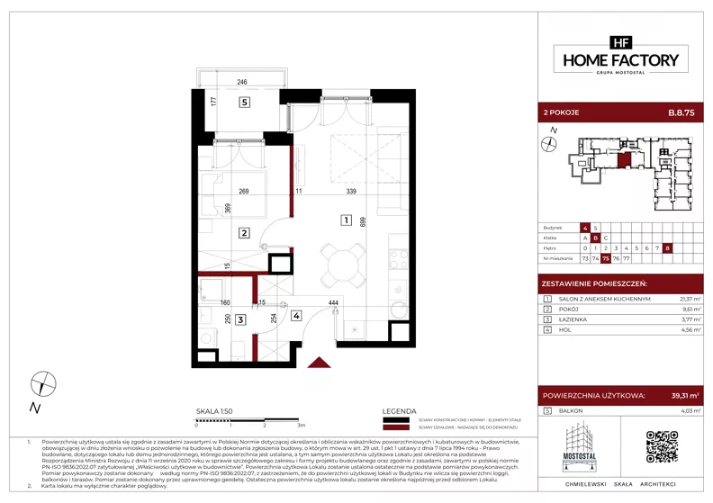 2 pokoje, mieszkanie 39,41 m², piętro 8, oferta nr B.8.75, Home Factory etap IV, Warszawa, Praga Północ, Pelcowizna, ul. Kotsisa