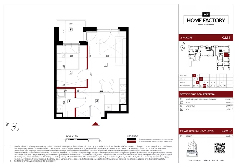 2 pokoje, mieszkanie 40,76 m², piętro 1, oferta nr C.1.88, Home Factory etap IV, Warszawa, Praga Północ, Pelcowizna, ul. Kotsisa