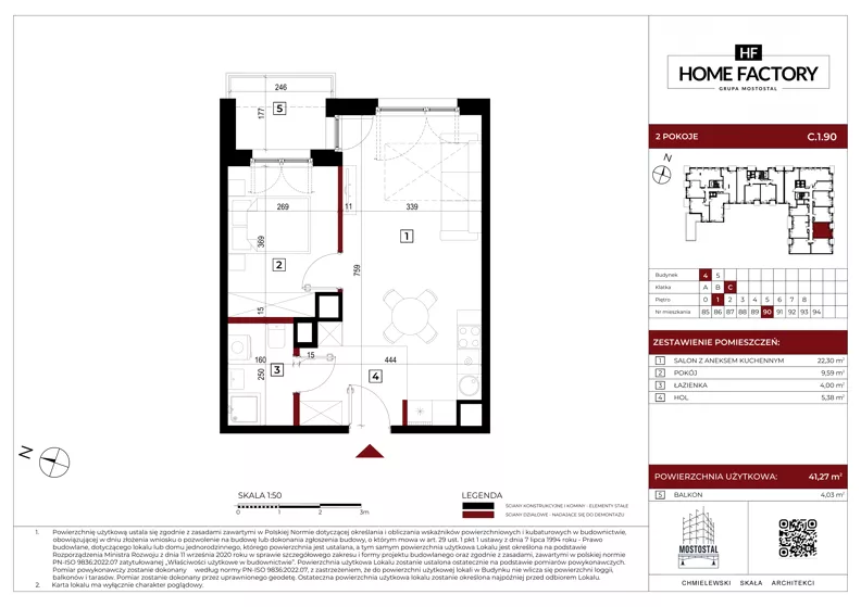 2 pokoje, mieszkanie 41,27 m², piętro 1, oferta nr C.1.90, Home Factory etap IV, Warszawa, Praga Północ, Pelcowizna, ul. Kotsisa