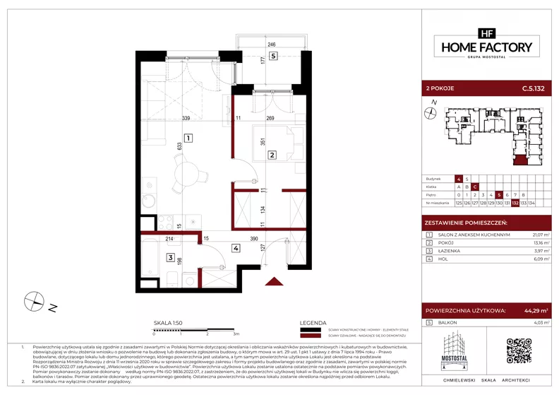 2 pokoje, mieszkanie 44,29 m², piętro 5, oferta nr C.5.132, Home Factory etap IV, Warszawa, Praga Północ, Pelcowizna, ul. Kotsisa
