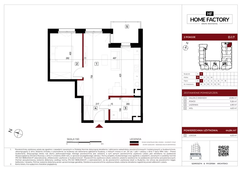 2 pokoje, mieszkanie 44,84 m², piętro 1, oferta nr D.1.7, Home Factory etap V, Warszawa, Praga Północ, Pelcowizna, ul. Kotsisa