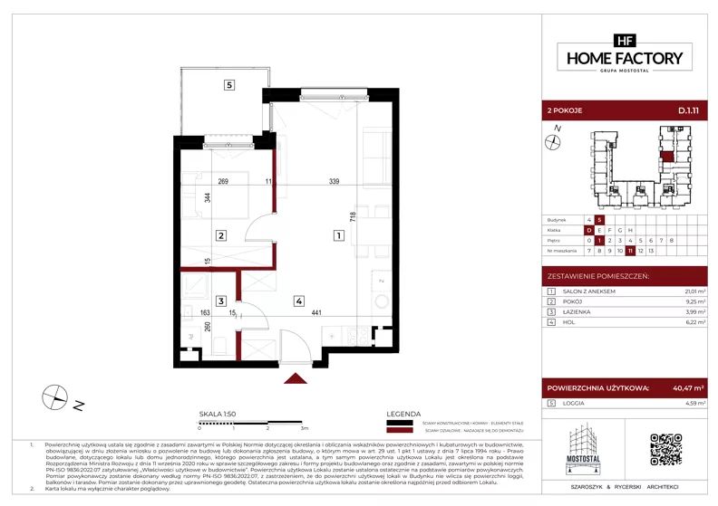 2 pokoje, mieszkanie 40,47 m², piętro 1, oferta nr D.1.11, Home Factory etap V, Warszawa, Praga Północ, Pelcowizna, ul. Kotsisa
