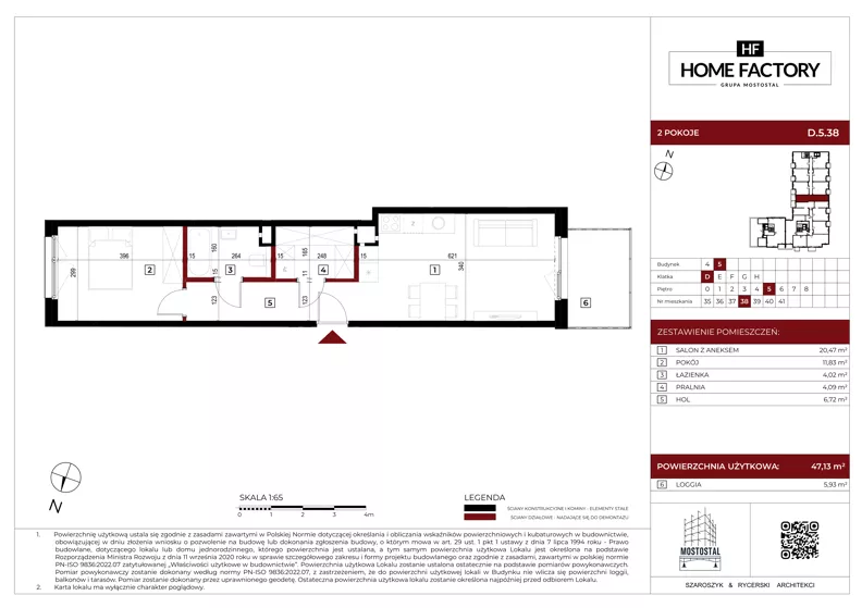 2 pokoje, mieszkanie 47,13 m², piętro 5, oferta nr D.5.38, Home Factory etap V, Warszawa, Praga Północ, Pelcowizna, ul. Kotsisa
