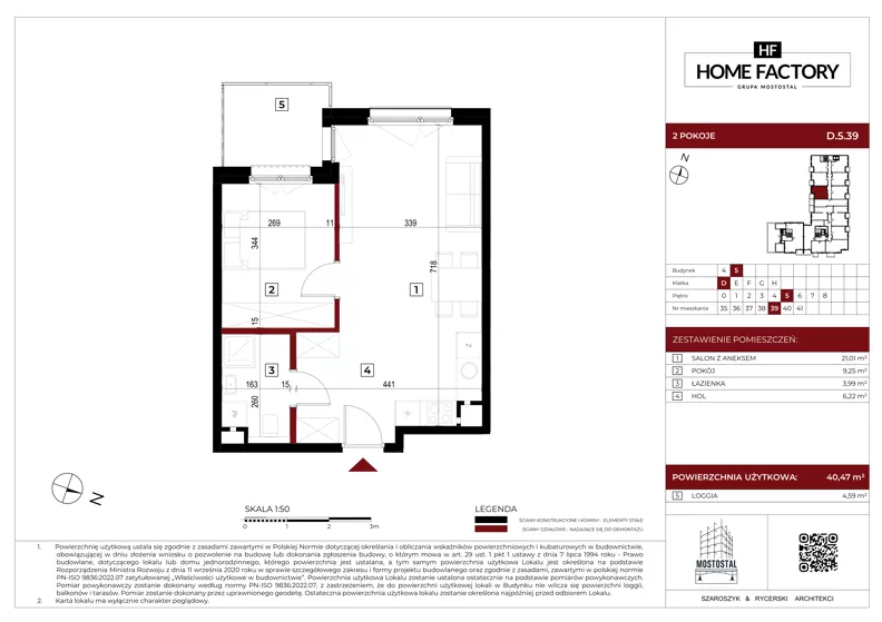 2 pokoje, mieszkanie 40,47 m², piętro 5, oferta nr D.5.39, Home Factory etap V, Warszawa, Praga Północ, Pelcowizna, ul. Kotsisa