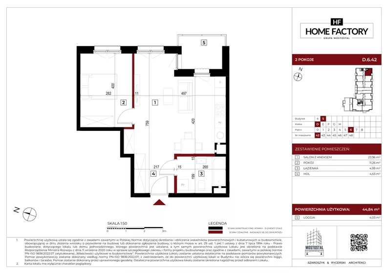 2 pokoje, mieszkanie 44,84 m², piętro 6, oferta nr D.6.42, Home Factory etap V, Warszawa, Praga Północ, Pelcowizna, ul. Kotsisa