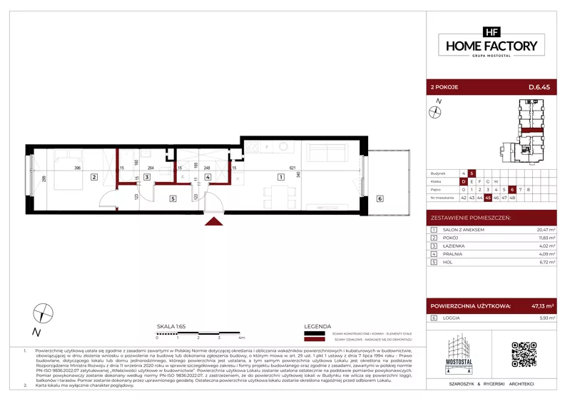 2 pokoje, mieszkanie 47,13 m², piętro 6, oferta nr D.6.45, Home Factory etap V, Warszawa, Praga Północ, Pelcowizna, ul. Kotsisa