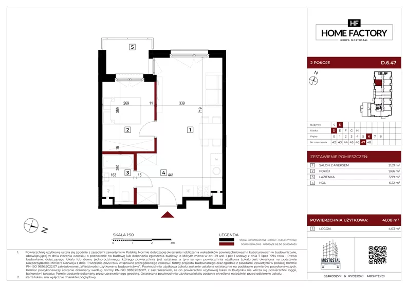 2 pokoje, mieszkanie 41,07 m², piętro 6, oferta nr D.6.47, Home Factory etap V, Warszawa, Praga Północ, Pelcowizna, ul. Kotsisa