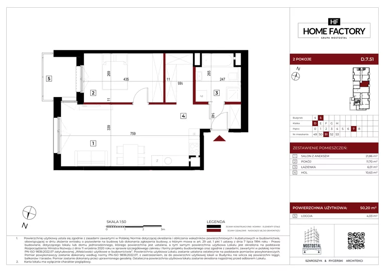 2 pokoje, mieszkanie 50,20 m², piętro 7, oferta nr D.7.51, Home Factory etap V, Warszawa, Praga Północ, Pelcowizna, ul. Kotsisa