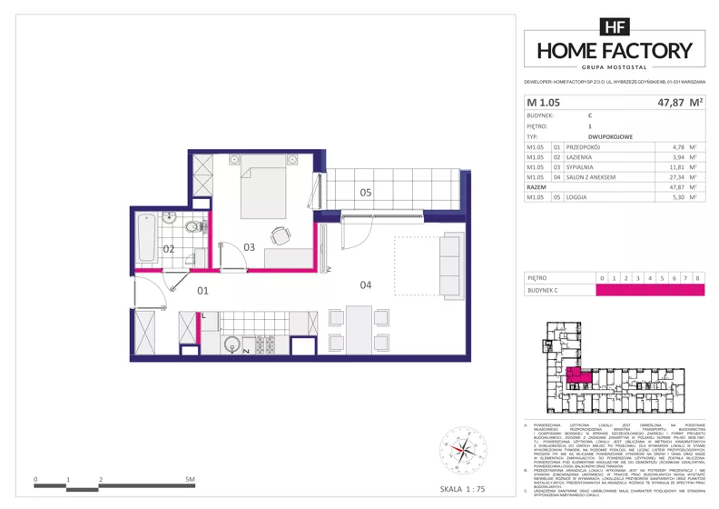2 pokoje, mieszkanie 47,87 m², piętro 1, oferta nr M 1.05, Home Factory etap III, Warszawa, Praga Północ, Pelcowizna, ul. Kotsisa