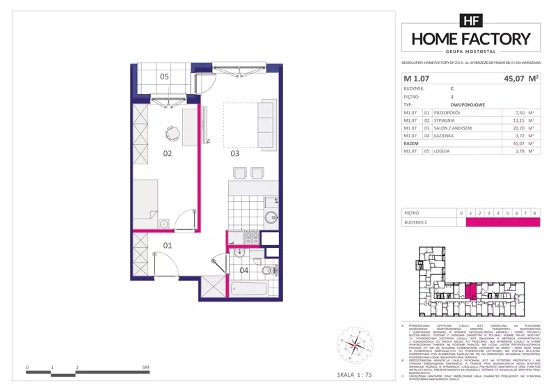 2 pokoje, mieszkanie 45,07 m², piętro 1, oferta nr M 1.07, Home Factory etap III, Warszawa, Praga Północ, Pelcowizna, ul. Kotsisa