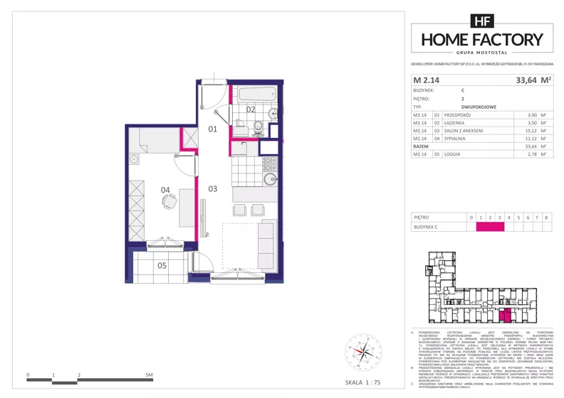 2 pokoje, mieszkanie 33,64 m², piętro 2, oferta nr M 2.14, Home Factory etap III, Warszawa, Praga Północ, Pelcowizna, ul. Kotsisa