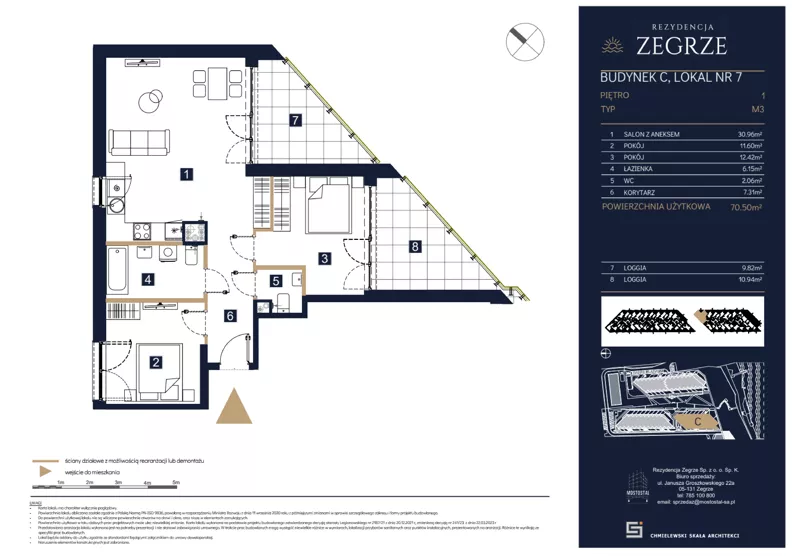 3 pokoje, mieszkanie 70,50 m², piętro 1, oferta nr C07, Rezydencja Zegrze III, Zegrze, ul. Groszkowskiego 22A