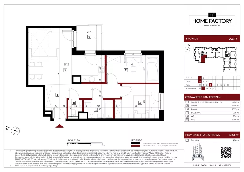 3 pokoje, mieszkanie 61,59 m², piętro 3, oferta nr A.3.17, Home Factory etap IV, Warszawa, Praga Północ, Pelcowizna, ul. Kotsisa