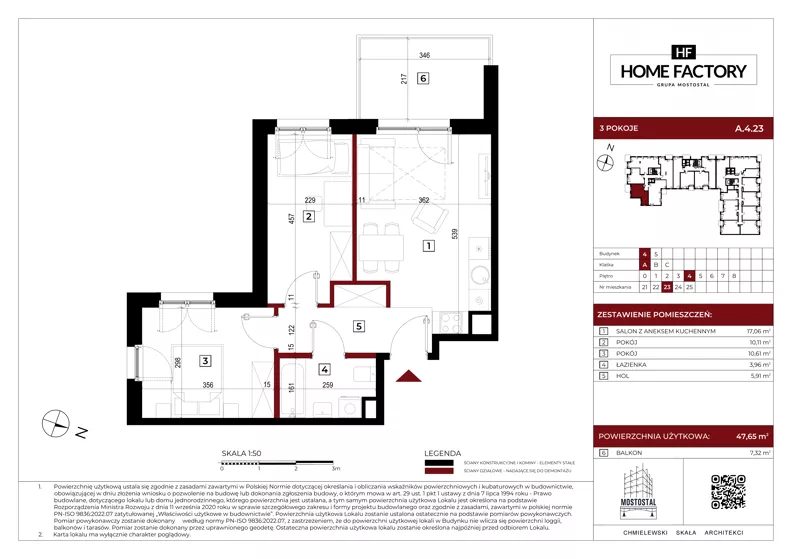 3 pokoje, mieszkanie 47,65 m², piętro 4, oferta nr A.4.23, Home Factory etap IV, Warszawa, Praga Północ, Pelcowizna, ul. Kotsisa