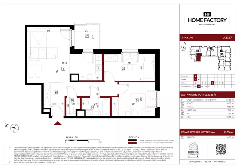 3 pokoje, mieszkanie 61,59 m², piętro 5, oferta nr A.5.27, Home Factory etap IV, Warszawa, Praga Północ, Pelcowizna, ul. Kotsisa