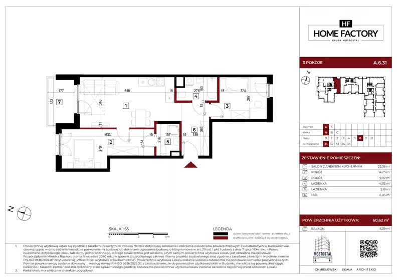 3 pokoje, mieszkanie 60,62 m², piętro 6, oferta nr A.6.31, Home Factory etap IV, Warszawa, Praga Północ, Pelcowizna, ul. Kotsisa