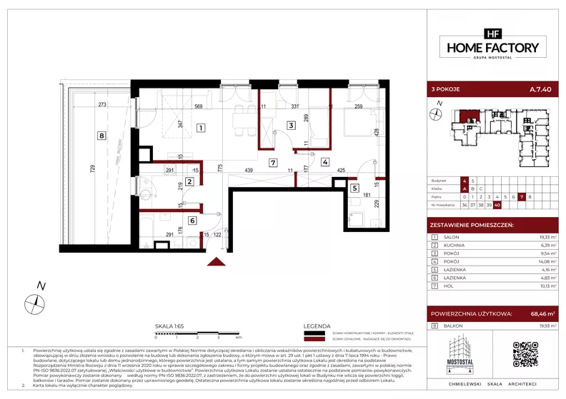 3 pokoje, mieszkanie 68,46 m², piętro 7, oferta nr A.7.40, Home Factory etap IV, Warszawa, Praga Północ, Pelcowizna, ul. Kotsisa