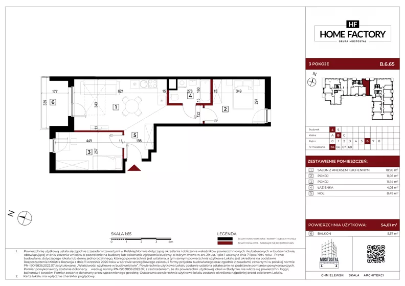 3 pokoje, mieszkanie 54,01 m², piętro 6, oferta nr B.6.65, Home Factory etap IV, Warszawa, Praga Północ, Pelcowizna, ul. Kotsisa