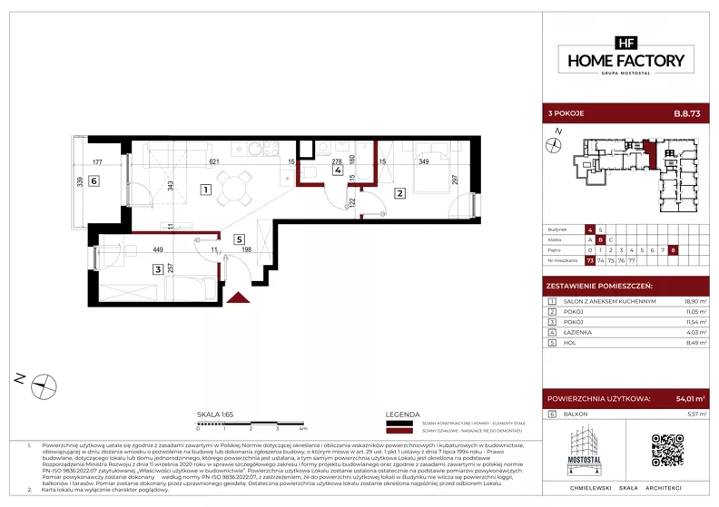 3 pokoje, mieszkanie 54,01 m², piętro 8, oferta nr B.8.73, Home Factory etap IV, Warszawa, Praga Północ, Pelcowizna, ul. Kotsisa