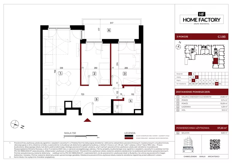 3 pokoje, mieszkanie 57,20 m², piętro 1, oferta nr C.1.93, Home Factory etap IV, Warszawa, Praga Północ, Pelcowizna, ul. Kotsisa