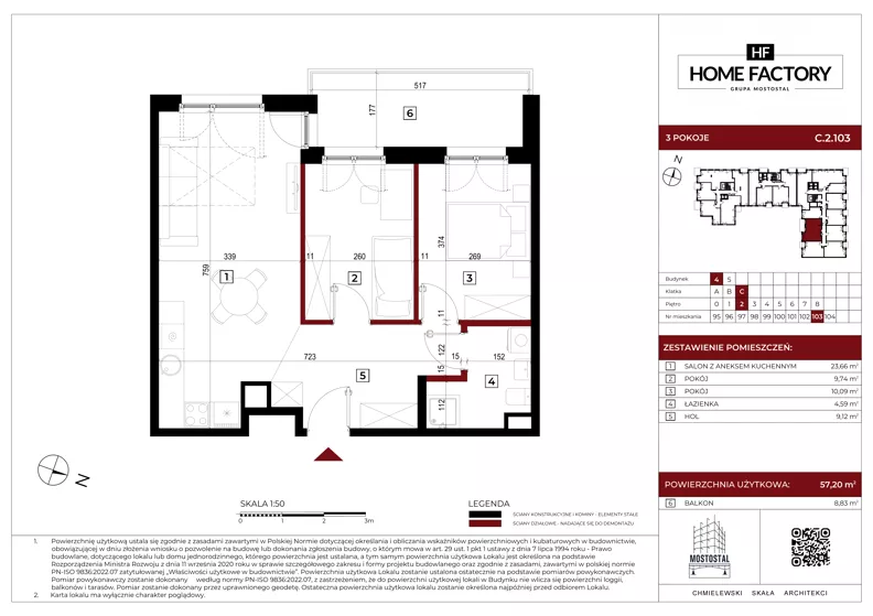 3 pokoje, mieszkanie 57,20 m², piętro 2, oferta nr C.2.103, Home Factory etap IV, Warszawa, Praga Północ, Pelcowizna, ul. Kotsisa